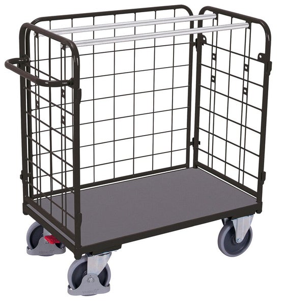 VARIOfit Paketwagen aus dunkelgrauem Stahl mit drei Gitterwänden, grauer Ladefläche, zwei silbernen Querstreben und vier Lenkrollen.