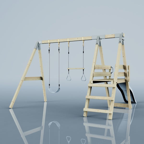 Schaukelgestell aus Holz mit einer Schaukel, Trapezstange mit Ringen, Leiter, Podest und Rutsche.