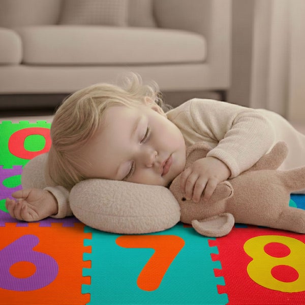 Ein schlafendes Kind mit Kuscheltier auf einer Puzzlematte aus Schaumstoff mit großen Zahlen in einem hellen Zimmer.