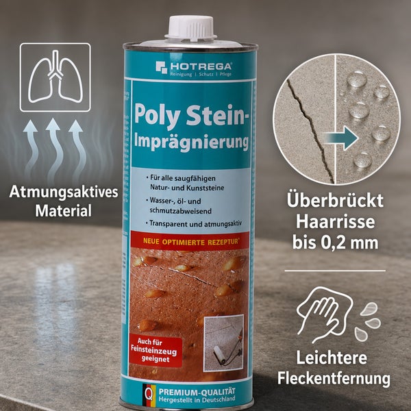 HOTREGA Poly Stein Imprägnierung für Natur und Kunststein mit wasserabweisender Wirkung und Rissüberbrückung bis 0,2 Millimeter in einer Metalldose.