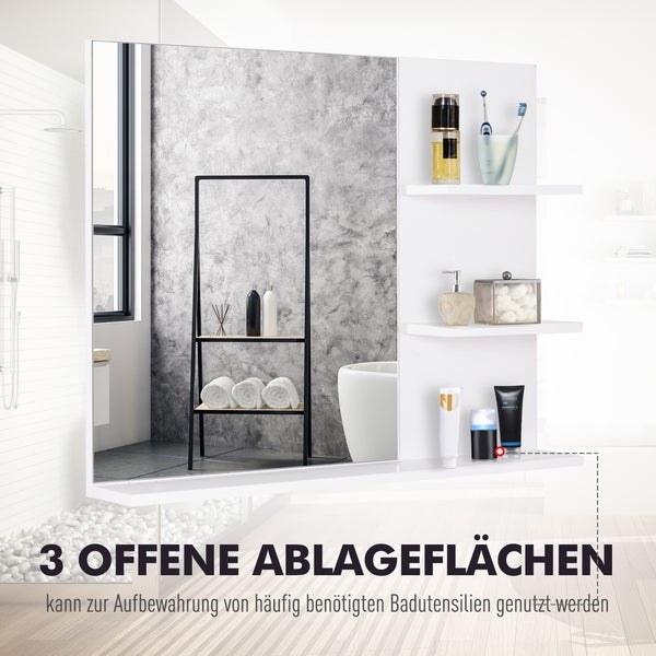 Badezimmerspiegel mit drei offenen Ablageflächen an der Seite zur Aufbewahrung von Badutensilien und Pflegeprodukten.