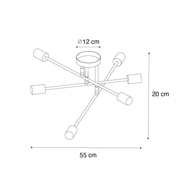 Illustration einer Deckenleuchte mit sechs Lampenarmen und den Maßangaben Durchmesser zwölf Zentimeter, Höhe 20 Zentimeter und Breite 55 Zentimeter.