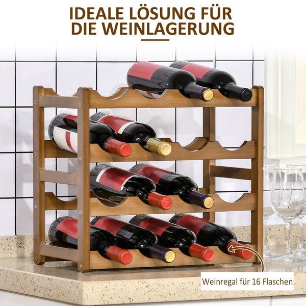 HOMCOM Weinregal Flaschenregal Weinhalter für 16 Flaschen Wasserfestes Standregal Getränkeregal aus Bambus Braun 43 x 23,5 x 38 cm