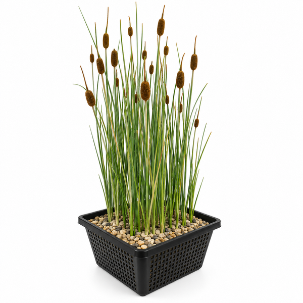 Künstlicher Rohrkolben in einem quadratischen, schwarzen Pflanzkorb mit Kieselsteinen für Teich oder Garten.