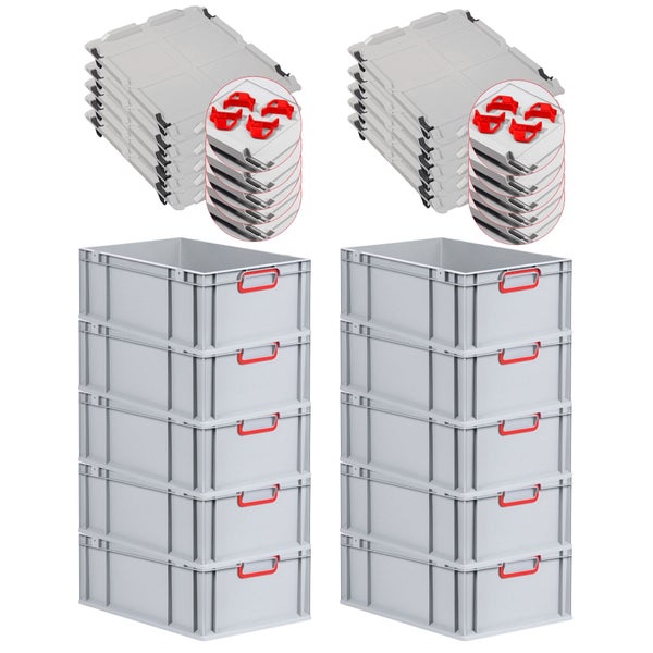 PROREGAL Spar Set 10x Eurobox Nextgen Color Mit Auflagedeckel & Schiebeschnappverschlüsse HxBxT 22 x 40 x 60 cm Griffe Rot Verstärkter Boden