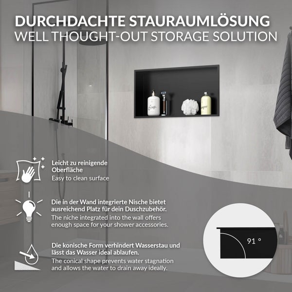 Badezimmer mit schwarzer Duschablage-Nische in hellgrauer Fliesenwand. Infografik zu Reinigung und Wasserablauf in einem 91 Grad Winkel.