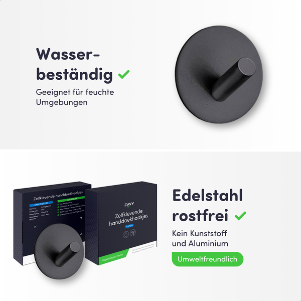 Schwarzer Handtuchhaken aus rostfreiem Edelstahl, selbstklebend, wasserfest und umweltfreundlich.