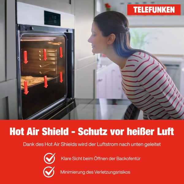 Telefunken Backofen Einbaubackofen autark 78 Liter Hot Air Shield 60 cm Einbau Ofen ohne Kochfeld Schwarz