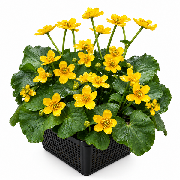 Sumpfdotterblume in einem schwarzen Pflanzkorb für Teichbepflanzung
