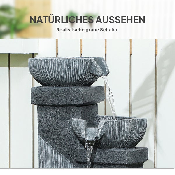 Outsunny Springbrunnen Outdoor aus Kunstharz vierstöckig Gartenbrunnen mit LED Beleuchtung Pumpe Steinoptik Dekorationsbecken Zimmerbrunnen Wasserspiel für Garten Terrasse 38 x 36 x 85 cm Grau
