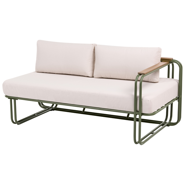 Gartensofa mit Metallgestell, Armlehnen aus Holz und Sitz- sowie Rückenkissen für den Außenbereich