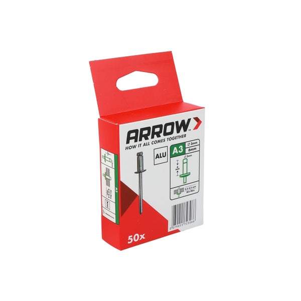 Arrow Blindniete Aluminium A3, Durchmesser 3 Millimeter, Länge 6 Millimeter, Packung mit 50 Stück.