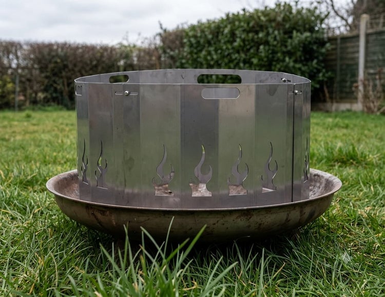 Feuerschalenaufsatz aus Metall mit Flammendesign auf einer runden Feuerschale im Garten.