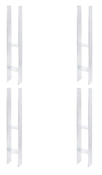 Vier feuerverzinkte Pfostenträger in H-Form zur stabilen Befestigung von Holzbalken im Boden.