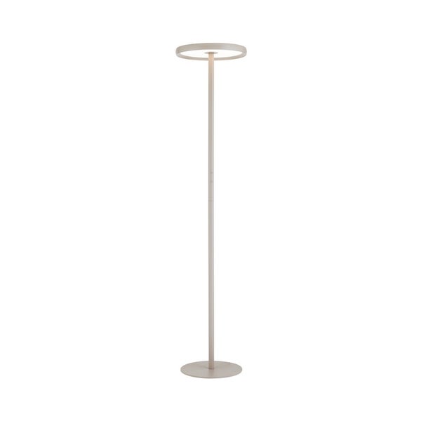 Moderne LED Stehleuchte mit ringfoermigem Leuchtkopf und schlankem Metallstativ fuer Innenraeume.