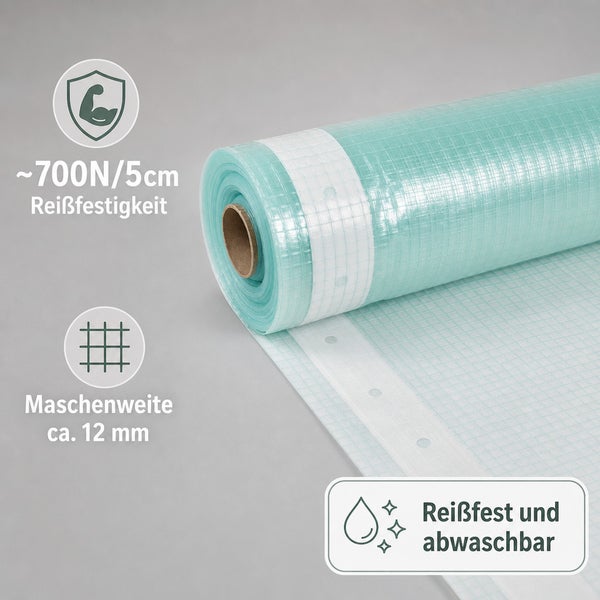 Gewebefolie auf Rolle mit hoher Reißfestigkeit von circa 700 Newton pro 5 Zentimeter und einer Maschenweite von circa 12 Millimetern.