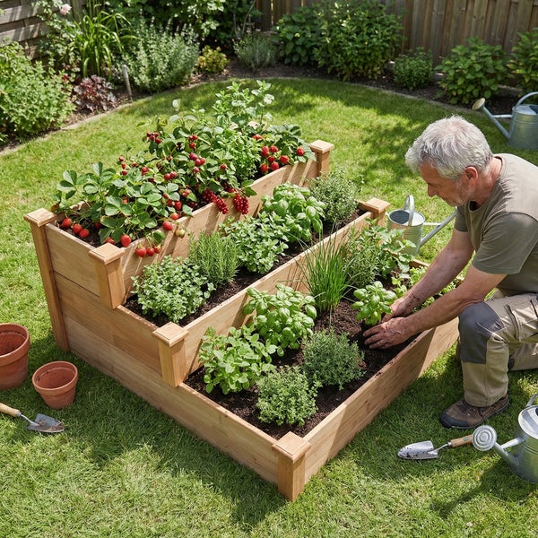 Mann bepflanzt ein dreistufiges Hochbeet aus Holz mit Kräutern und Erdbeeren in einem hellen Garten.