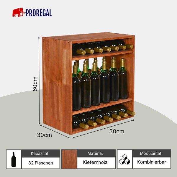 Weinregal aus Kiefernholz für 32 Flaschen, Maße 60 mal 30 mal 30 Zentimeter, modular kombinierbar, Proregal Logo.