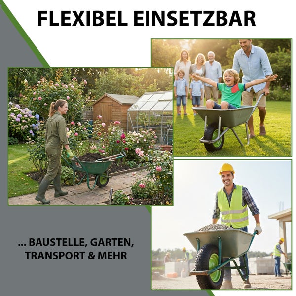 Collage zeigt flexible Einsatzmöglichkeiten einer Schubkarre im Garten, bei der Freizeitgestaltung mit der Familie und auf der Baustelle.