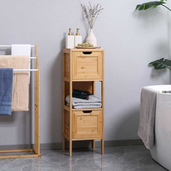kleankin Badezimmerschrank Badschrank Aufbewahrungsschrank mit Kippschutz aus Bambus, Unterschrank mit 2 Schubladen, Lanfhausstil Beistellschrank, Naturholz, 30 x 30 x 90 cm