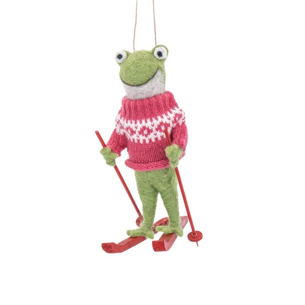 Dekofigur Frosch mit Skiern und Pullover zum Aufhängen