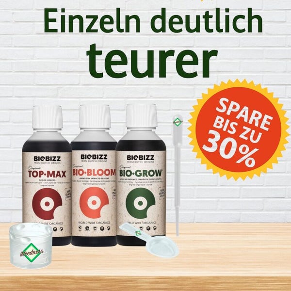 Biobizz Set mit Pflanzendünger Top-Max, Bio-Bloom, Bio-Grow, Messbecher, Pipette und Löffel. Biobizz Logo. Sparen Sie bis zu 30 Prozent.
