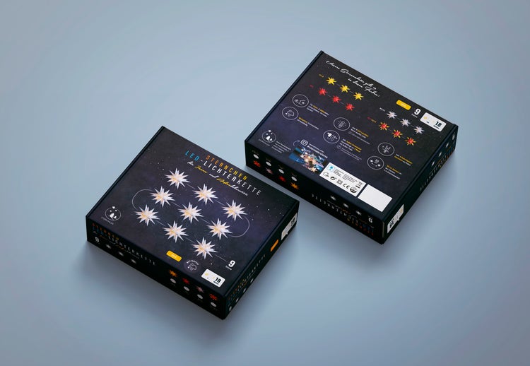 Sterntaler Sternenkette | Weihnachtsstern Kette | 9 Sterne | 18 Zacker | 16cm | Innen und Außen | LED | Netzstecker | mit Timer