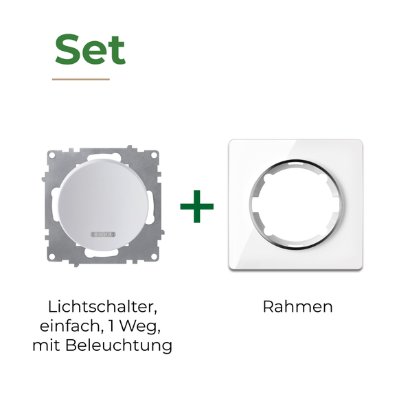 Set bestehend aus einem einfachen Ausschalter mit Beleuchtung und einem passenden Abdeckrahmen.