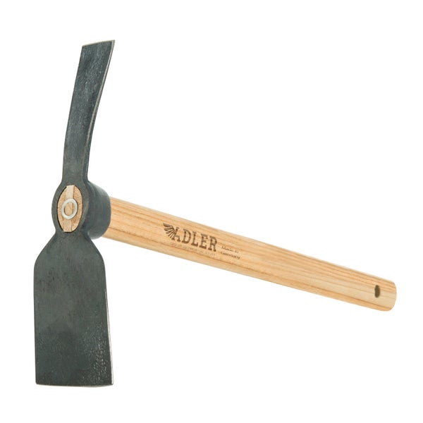 Adler Kreuzhacke mit Holzstiel, geschmiedeter Stahlkopf für Garten- und Forstarbeiten.