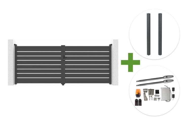 Einfahrtstor-Set mit zweiflügeligem Aluminiumtor, zwei Pfosten und elektrischem Torantrieb inklusive Montagezubehör.