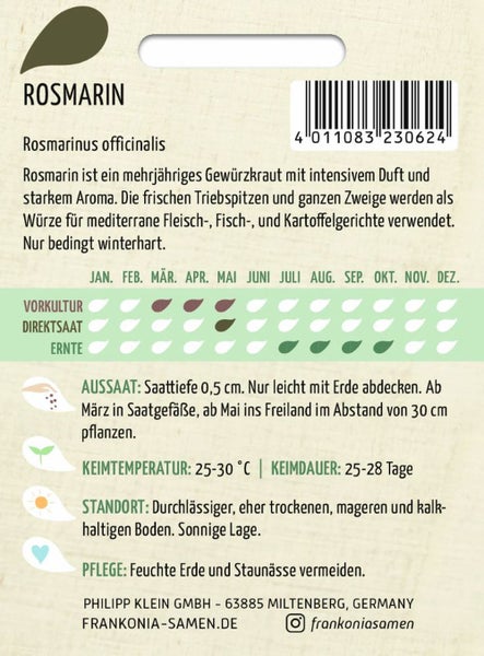 Rosmarin-Samenpackung mit Informationen zu Aussaat, Standort und Pflege