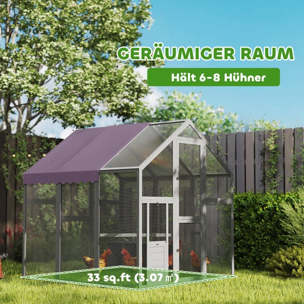 PawHut Hühnerstall Freilaufgehege 1,7x1,8x1,8 m Freigehege mit Schloss Tannenholz Hühnerhaus mit Wasserdichtem, Anti-UV Dach Outdoor Geflügelstall für Hühnerkäfig, 6-8 Hühner, Enten, Kaninchen, Grau