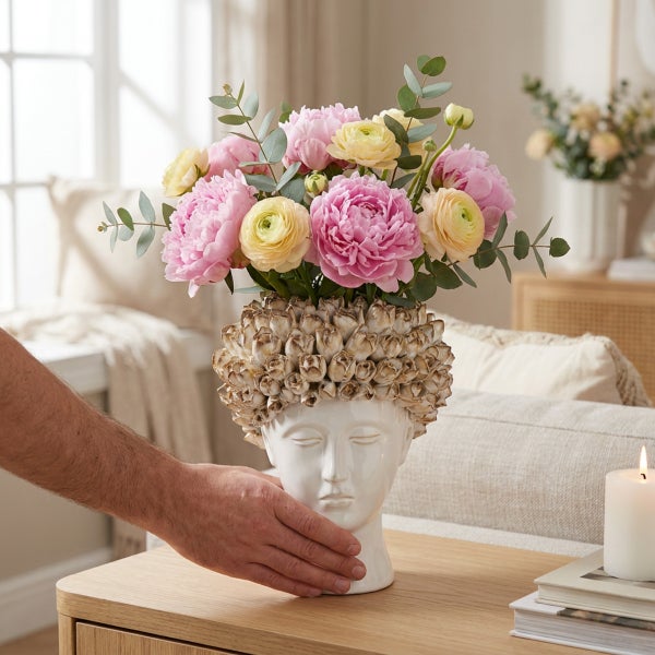 Dekorative Vase in Form eines menschlichen Kopfes mit blumigem Arrangement auf einem Holztisch in einem hellen Wohnraum