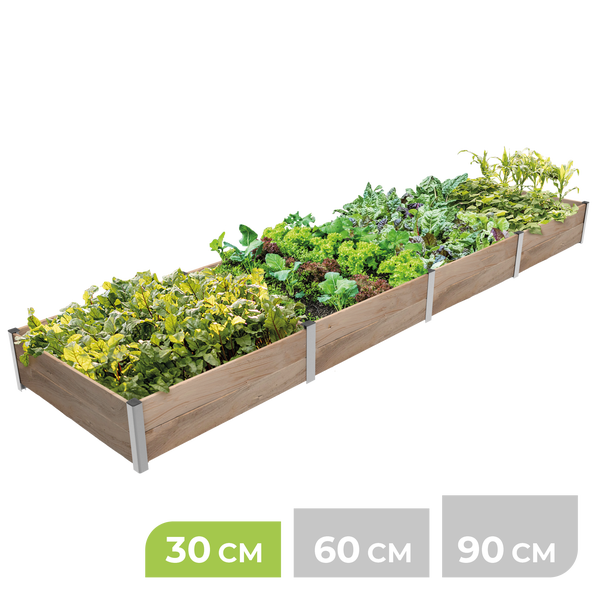 Hochbeet aus Holz mit Pflanzen befüllt, Höhe 30 Zentimeter, mit Metalleckverbindern.