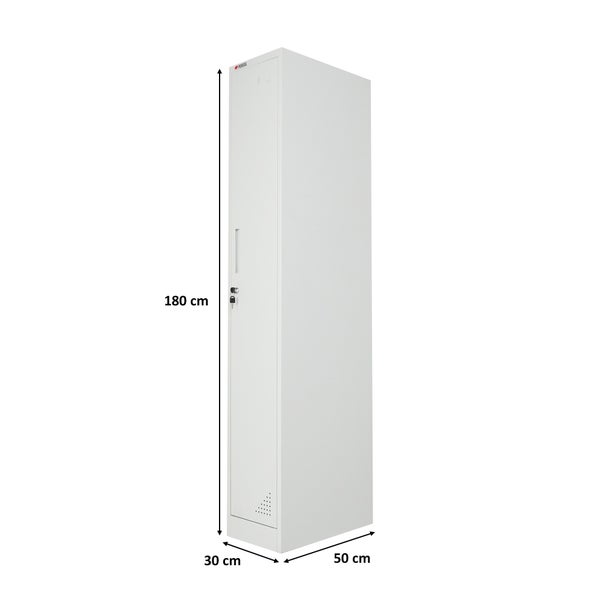 Metall-Spind mit einer Tür, abschließbar, Maße: 180 Zentimeter Höhe, 30 Zentimeter Breite, 50 Zentimeter Tiefe.