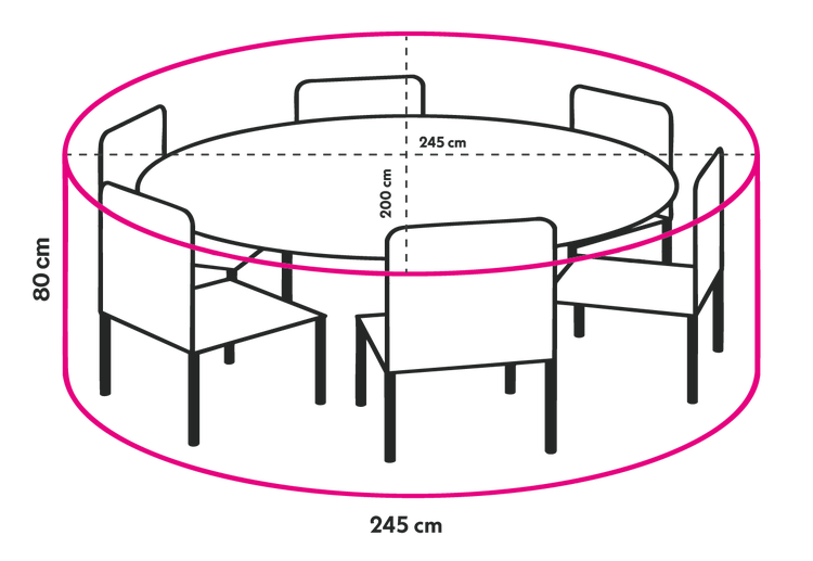 Illustration eines Esstisches mit Stühlen und den dazugehörigen Maßangaben
