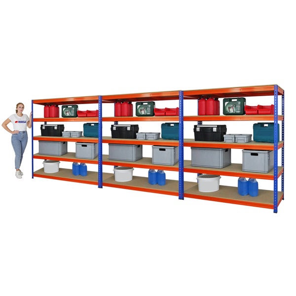 PROREGAL Mega Deal 3x Profi Schwerlastregal Bison HxBxT 200 x 180 x 60 cm 5 Fachböden Fachlast 600 kg Blau-Orange
