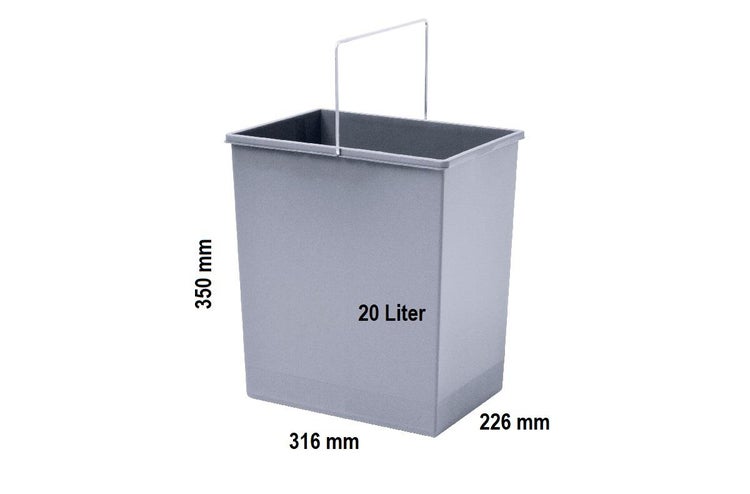 Grauer Abfalleimer aus Kunststoff mit Metallbügel, 20 Liter Volumen, Maße 350 Millimeter hoch, 316 Millimeter breit, 226 Millimeter tief.