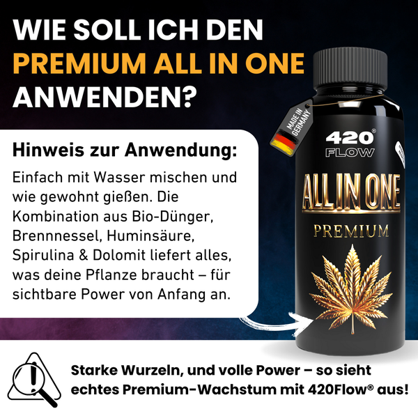 Anwendungshinweis fuer 420 Flow Premium All in One Pflanzenduenger zum Mischen mit Wasser fuer gesundes Pflanzenwachstum.