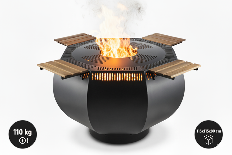 Feuerstelle aus Stahl mit Holzablageflächen, Gewicht 110 kg, Maße 115x115x80 cm