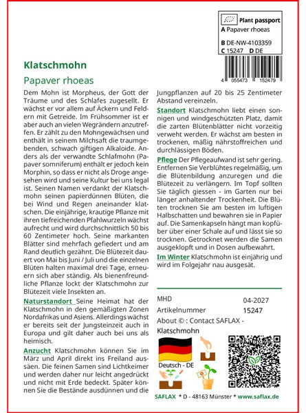SAFLAX Garden in the bag - Klatschmohn - Papaver rhoeas - 27000 Samen - Mit Anzuchtsubstrat im praktischen, selbst aufstellenden Beutel