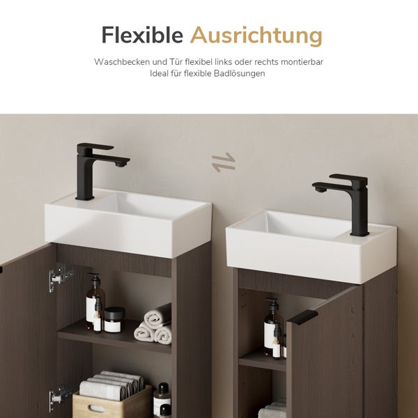 Zwei Waschtischunterschränke mit Waschtisch und Armatur, flexibel montierbar für linke oder rechte Ausrichtung, zur Optimierung von Badlösungen.