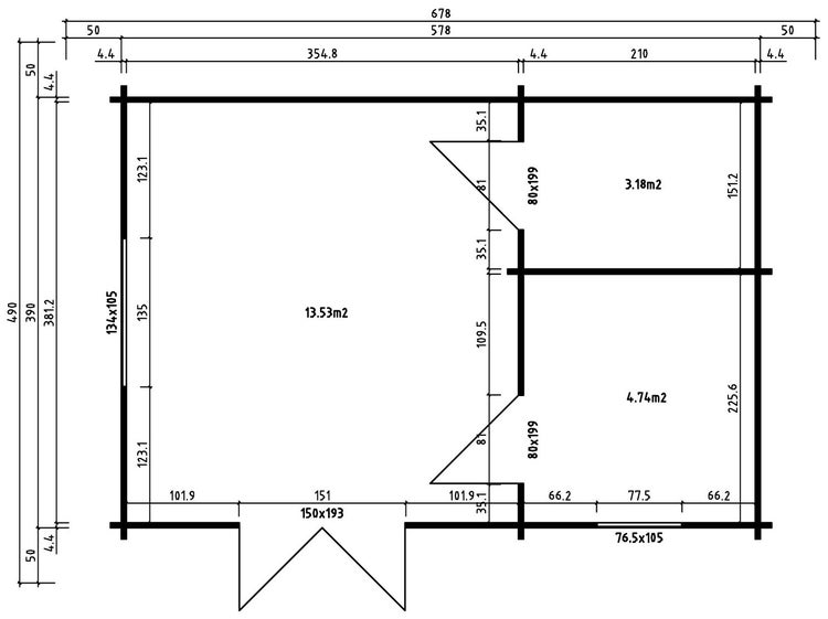 Grundrisszeichnung eines Gartenhauses mit Maßangaben