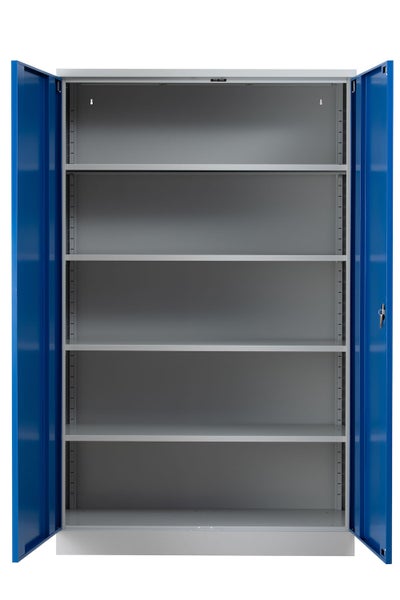 PROREGAL Flügeltürenschrank Badger 4 Fachböden Eurolock Griff Sockel HxBxT 195 x 120 x 42 cm Grau-Blau Lackiert