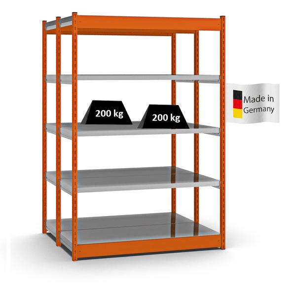 PROREGAL Fachbodenregal Stecksystem Vierkant-Profil Grundregal HxBxT 200 x 132,5 x 50 cm 2x5 Ebenen Doppelseitige Bauart Fachlast 200 kg Orange