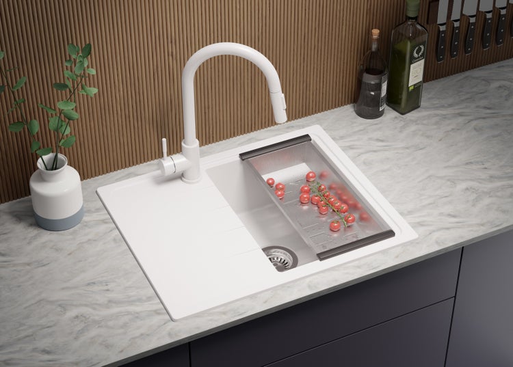 PRIMAGRAN Spülbecken Weiß 62x50cm, Granitspüle 1 Becken + Ablauf-Set, Küchenspüle ab 40er Unterschrank - Mailand