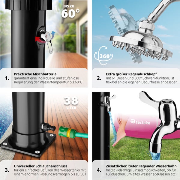 Solardusche tectake Orinoco inklusive Wasserhahn 38 Liter schwarz