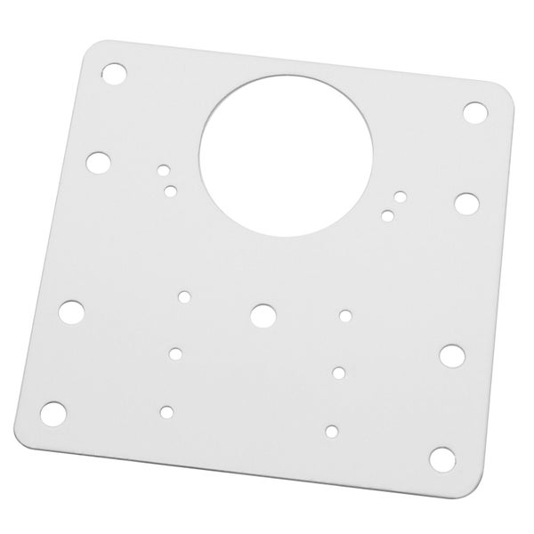 Quadratische Montageplatte aus Metall mit zentraler Aussparung und diversen Bohrungen zur Befestigung.