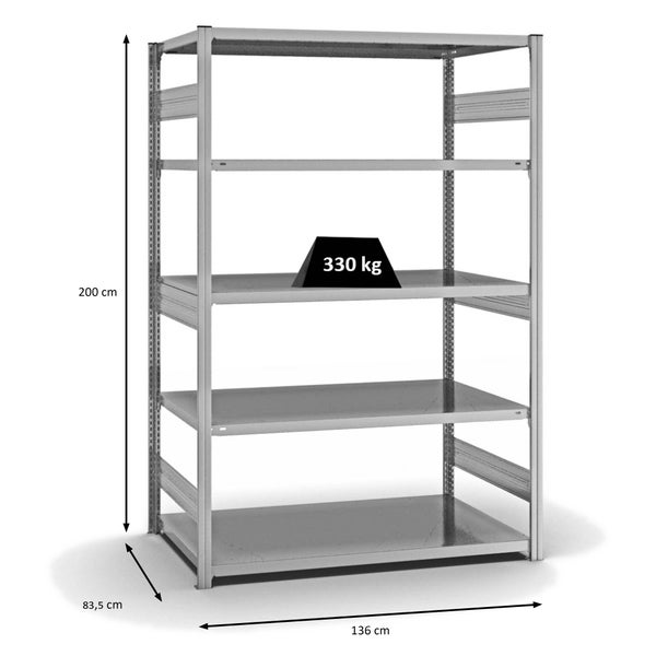 PROREGAL Fachbodenregal Stecksystem T-Profil Heavy-Duty Grundregal HxBxT 200 x 130 x 80 cm 5 Ebenen Fachlast 330 kg Beidseitig Nutzbar Verzinkt