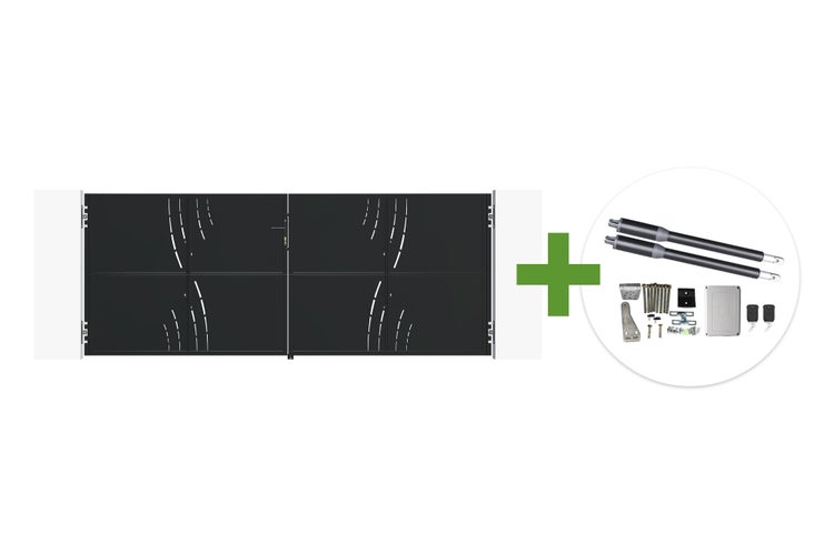 Doppelflügeltor aus Metall mit dekorativen Schlitzen und elektrischem Torantrieb inklusive Fernbedienung und Montagematerial